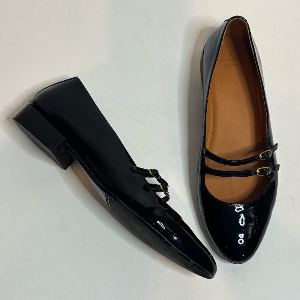 Sezane Ninon Black Patent Leather Double Strap Mary Jane Flats 10